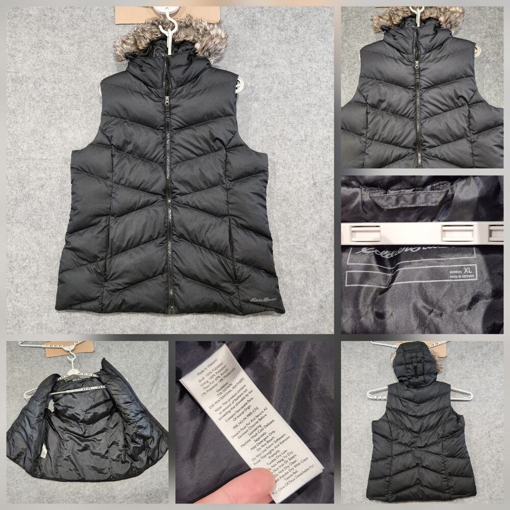 Eddie Bauer Womens XL Goose Duck Down Black Hooded Faux Fur Puffer Vest Jacket